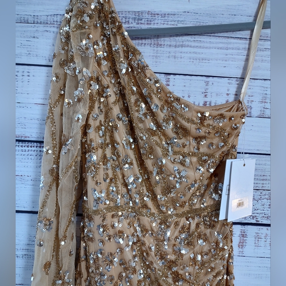 Mac Duggal 5659 Gold One Shoulder Embellished Gown Size 4 $598 NWT - Picture 5 of 8